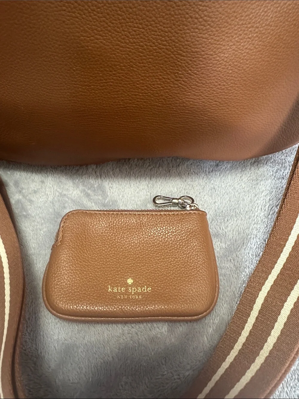 kate spade Brown Pebbled Leather Crossbody with Striped Strap